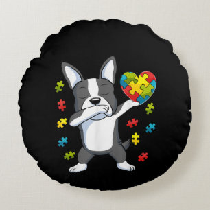 Coussins Ronds Autistic Dabbing Boston Terrier Puzzle Piece Heart
