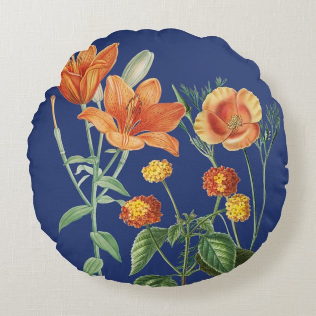 Coussins Ronds Automne Aquarelle d'automne Orange Floral Bleu (Devant)