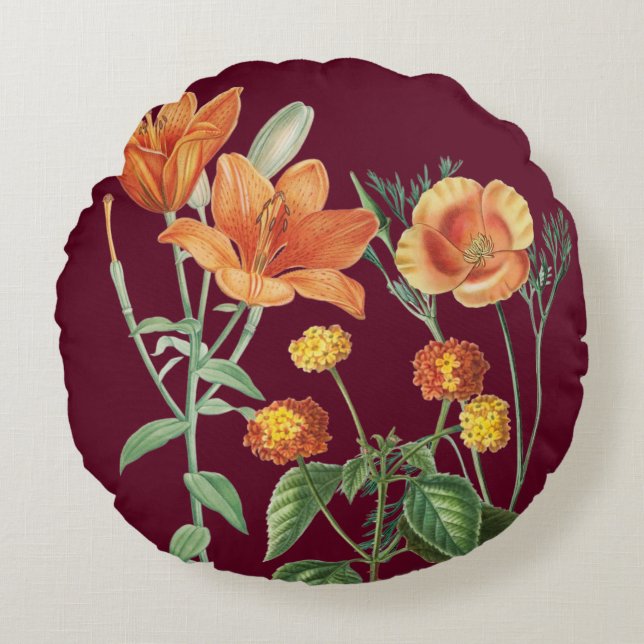 Coussins Ronds Automne Aquarelle d'automne Orange Floral Bourgogn (Devant)