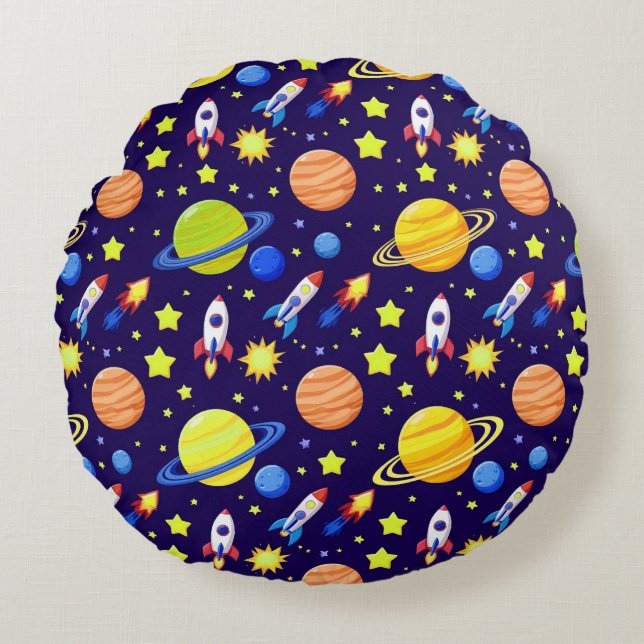 Coussins Ronds Aventure spatiale lumineuse Fusées Planètes Étoile (Devant)