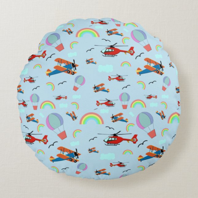 Coussins Ronds Avions et Rainbows Blue (Devant)