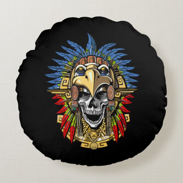 Coussins Ronds Aztec Skull Warrior (Devant)
