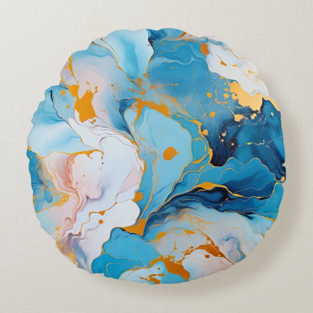 Coussins Ronds Azure Marble with Golden Splashes (Devant)