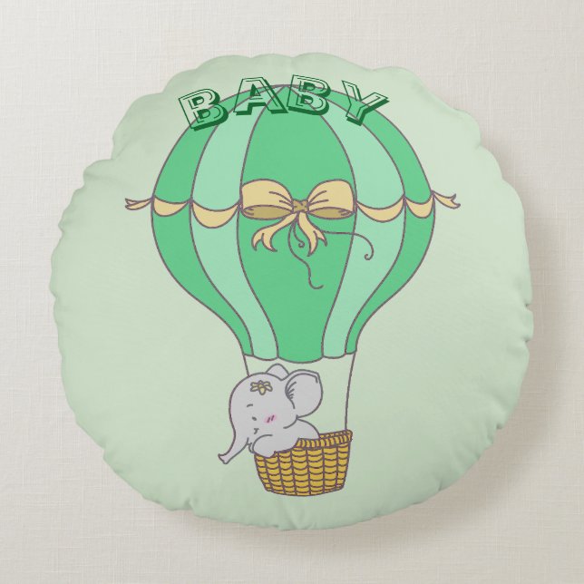 Coussins Ronds Baby Elephant Flying in Balloon Gender Neutral  (Devant)