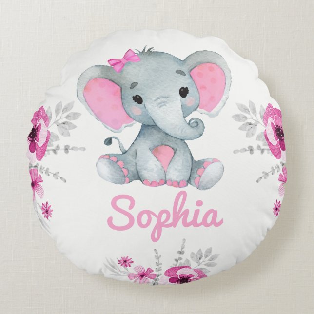 Coussins Ronds Baby Girl Elephant Nom Cadeau personnalisé Fleurs  (Devant)