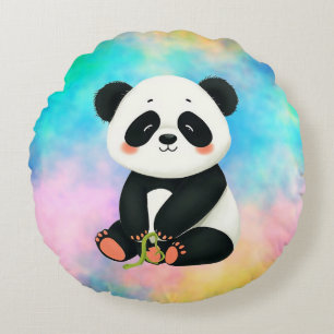 Coussins Ronds Baby Panda tient un morceau de bambou
