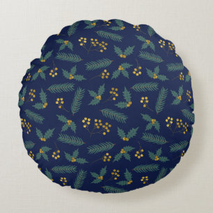 Coussins Ronds Baie de houx élégante Noël botanique bleu or