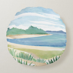 Coussins Ronds Baie d'herbe de plage Océan aquarelle mer côtièr