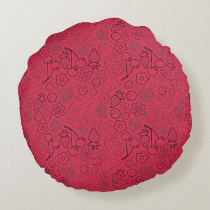 Coussins Ronds Baie Fraise Cerise Noir Dessiné à la main Moderne.