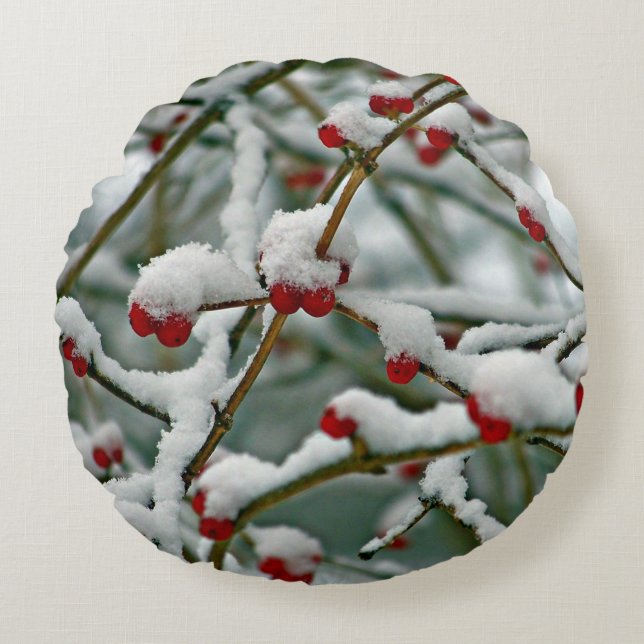 Coussins Ronds Baies Rouges dans la Neige d'Hiver (Devant)
