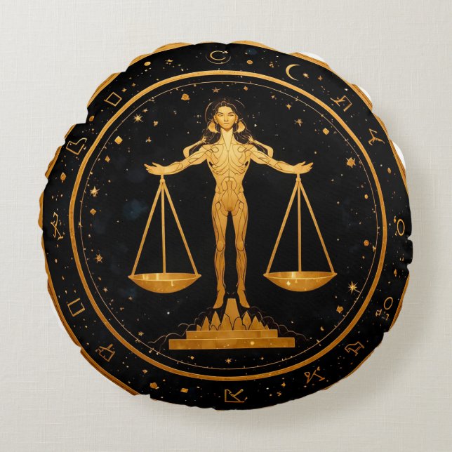 Coussins Ronds Balance zodiacale en or (Devant)