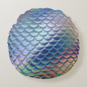 Coussins Ronds Balances de poissons de sirène bleu vert Holograph