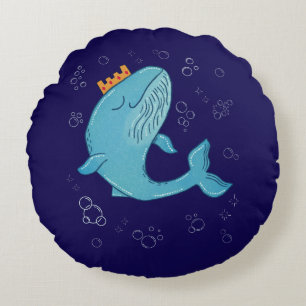 Coussins Ronds Baleine Roi avec Couronne   Art Populaire Océaniqu