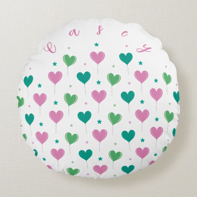 Coussins Ronds Ballons en forme de cœur Vert Rose Motif Étoile Mi (Devant)