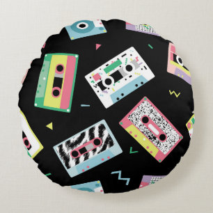 Coussins Ronds Bandes audio rétro, style motif des années 80.