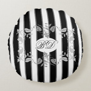 Coussins Ronds Bandes noires et blanches avec Feuilles gris