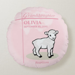 Coussins Ronds Baptême de petite-fille Rose Fille Agneau Nom et D