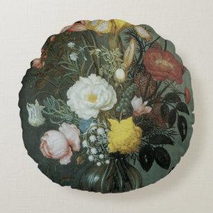 Coussins Ronds Baroque Ancien, Bouquet de Fleurs dans un Vase en
