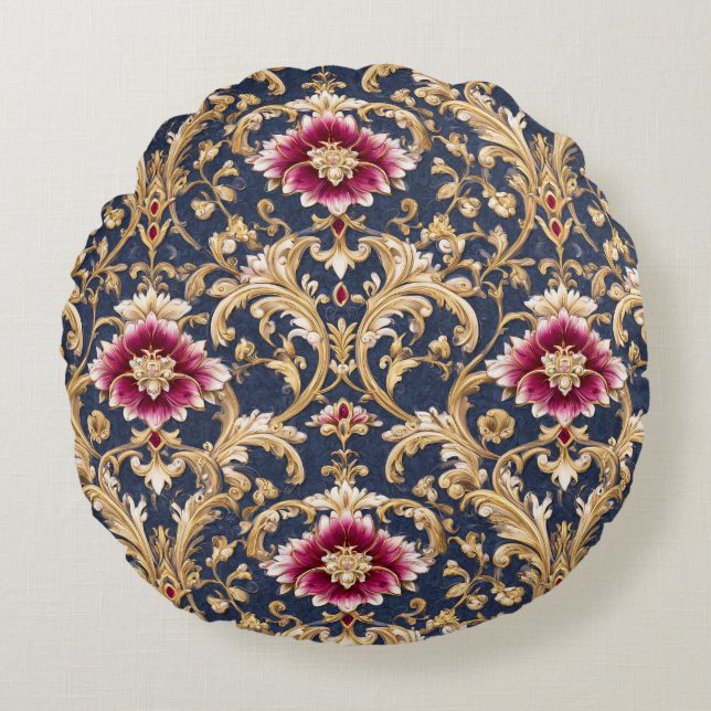 Coussins Ronds Baroque Floral Royal sur Fond Bleu Profond (Devant)