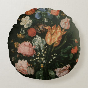 Coussins Ronds Baroque Floral Vintage, Vase de Fleurs dans une Ni