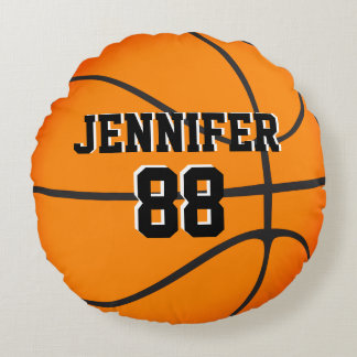 Coussins Ronds Basket-ball personnalisé Orange Black Name Jersey 
