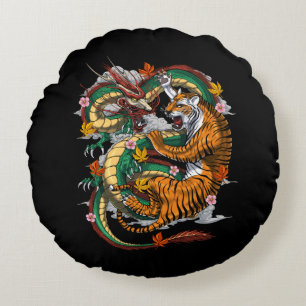 Coussins Ronds Bataille japonaise de Tigre Dragon