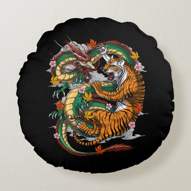 Coussins Ronds Bataille japonaise de Tigre Dragon (Devant)