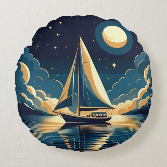 Coussins Ronds Bateau à voile la nuit (Devant)