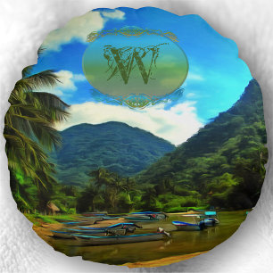 Coussins Ronds Bateaux de pêche de la rivière Mismaloya 0344