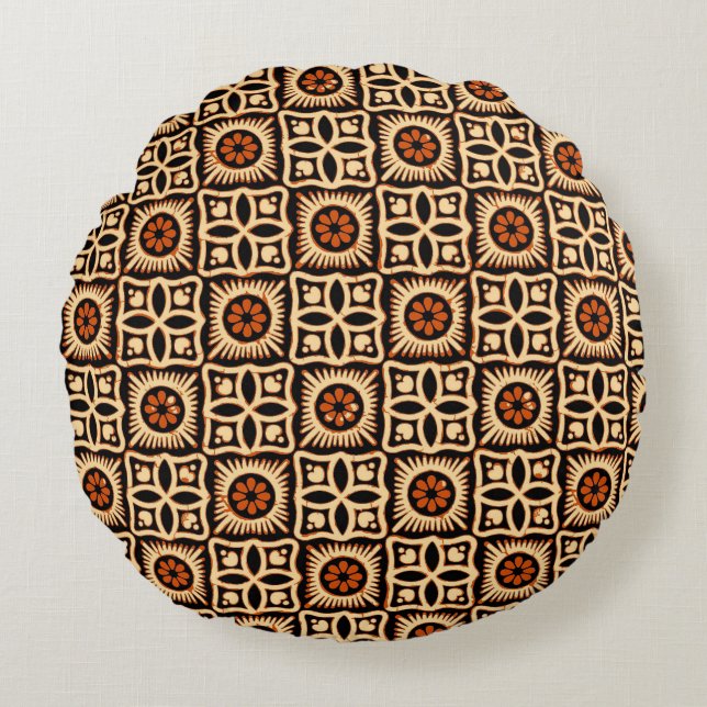 Coussins Ronds Batik abstrait, motif textile sans soudure. (Devant)