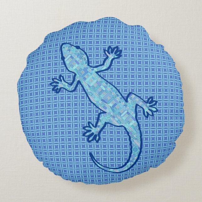 Coussins Ronds Batik Tribal Gecko - bleu denim doux (Dos)