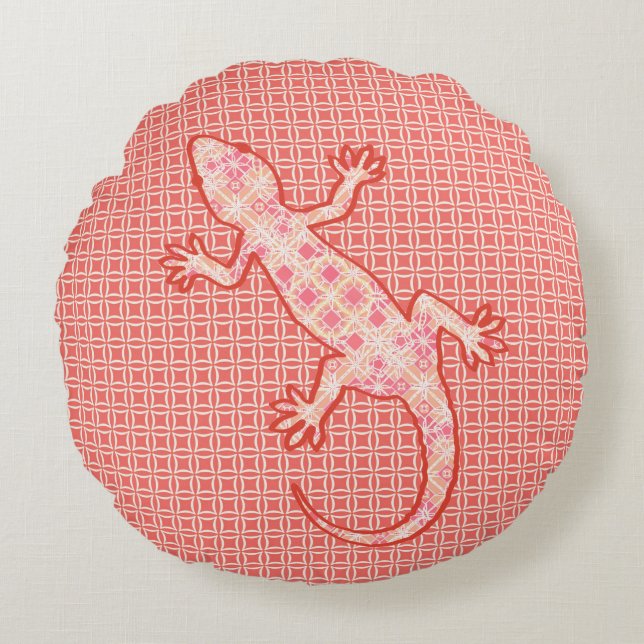 Coussins Ronds Batik tribal Gecko - corail rose et crème (Devant)