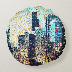 Coussins Ronds Bâtiments de la ville bleue en mosaïque avec relie