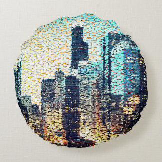 Coussins Ronds Bâtiments de la ville bleue en mosaïque avec relie