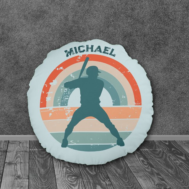 Coussins Ronds Batterie de baseball bleu Retro Arc-en-ciel (Créateur téléchargé)