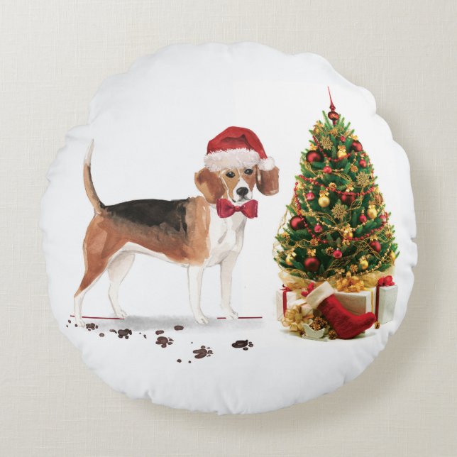 Coussins Ronds Beagle drôle Chien de Noël avec arbre (Devant)