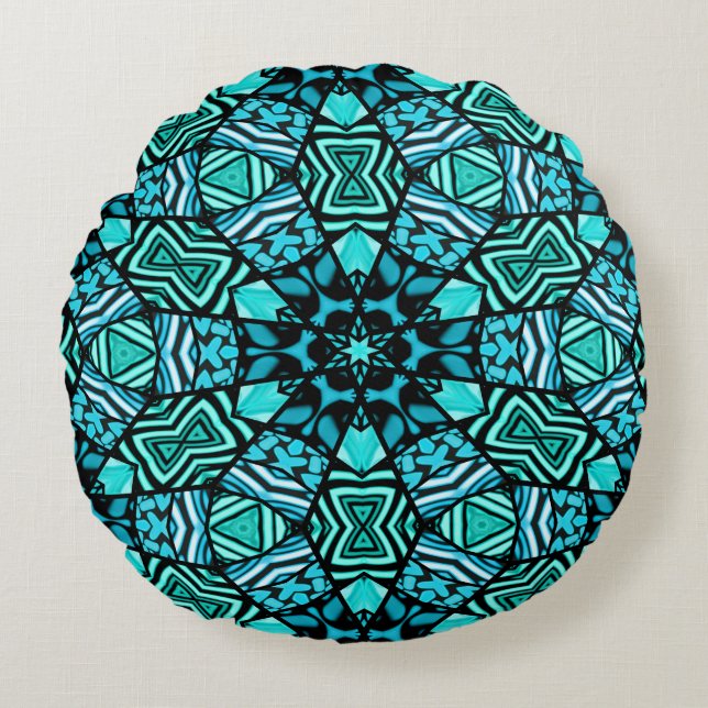 Coussins Ronds Beau Aqua Turquoise Turquoise Ethnic Mosaic Art (Devant)