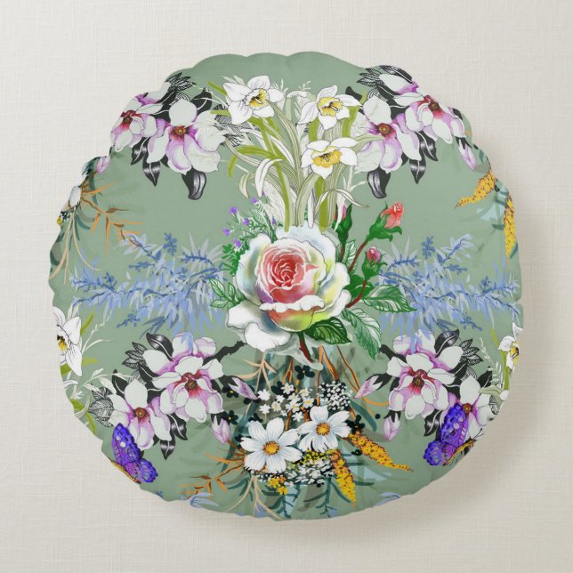 Coussins Ronds Beau motif floral Rose Fleur sauvage vert (Devant)