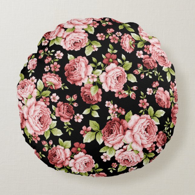 Coussins Ronds Beau Roses à motifs floraux avec feuillage vert (Devant)