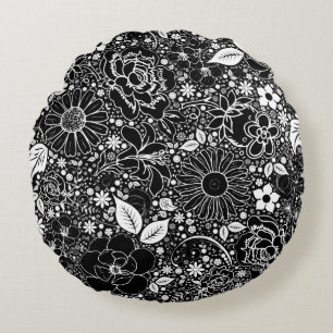 Coussins Ronds Beautés botaniques Oreiller rond noir-blanc