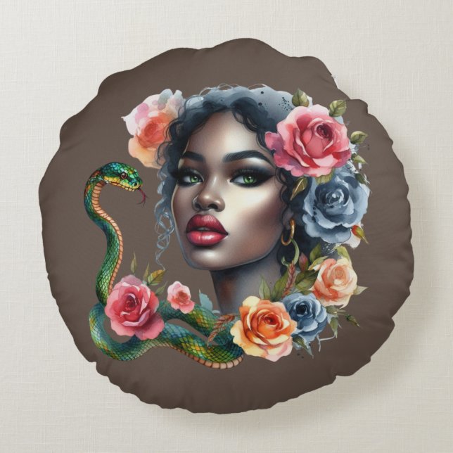 Coussins Ronds beautiful women and snake cushion (Dos)