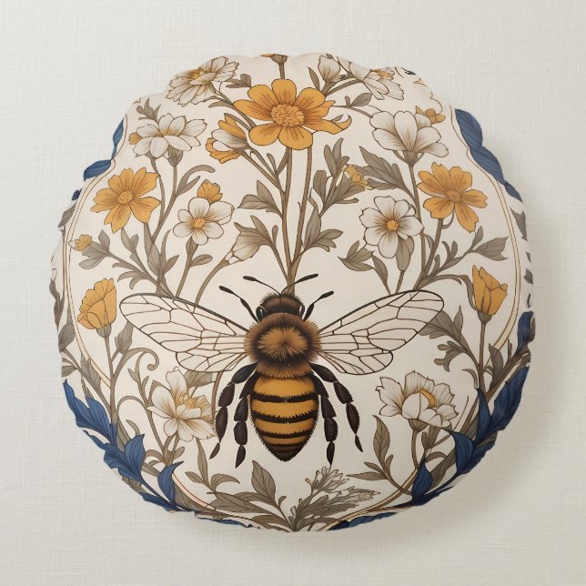 Coussins Ronds Beautiful Yellow and Blue Floral Vintage Bee (Devant)