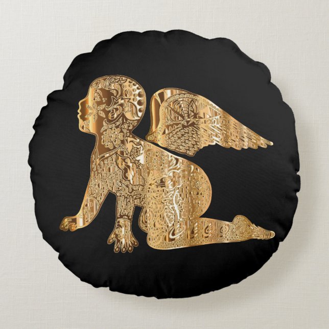 Coussins Ronds Bébé brillant Ange Ailes Noir Or Angélique (Devant)