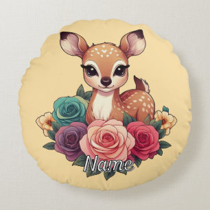 Coussins Ronds Bébé cerf avec Roses et feuillage vert
