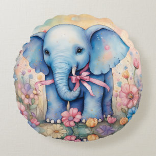 Coussins Ronds Bébé éléphant adorable dans un jardin pastel