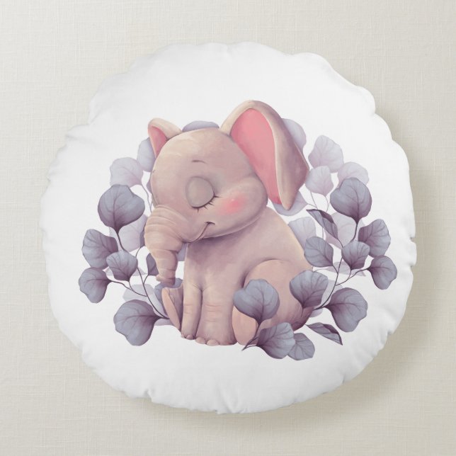 Coussins Ronds Bébé éléphant mignon dormant avec des feuilles (Devant)