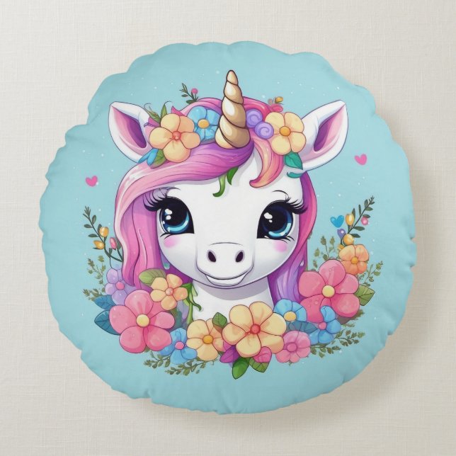 Coussins Ronds Bébé magique licorne avec fleurs (Devant)