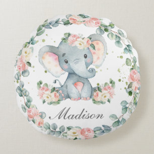 Coussins Ronds Bébé mignon Eléphant rose Floral verdure Nursery