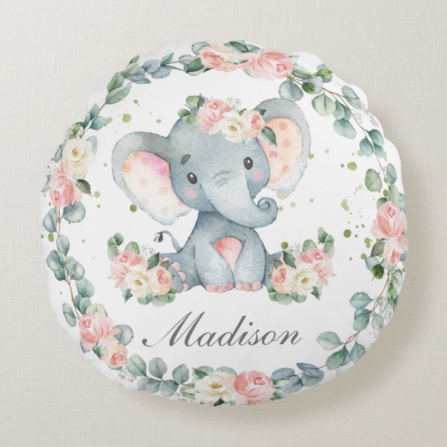 Coussins Ronds Bébé mignon Eléphant rose Floral verdure Nursery (Devant)