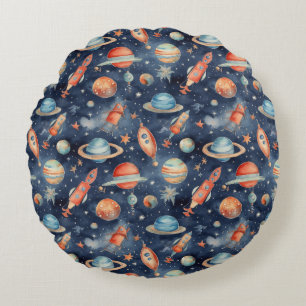 Coussins Ronds Bébé mignon Espace Planète Aquarelle Bleu Orange